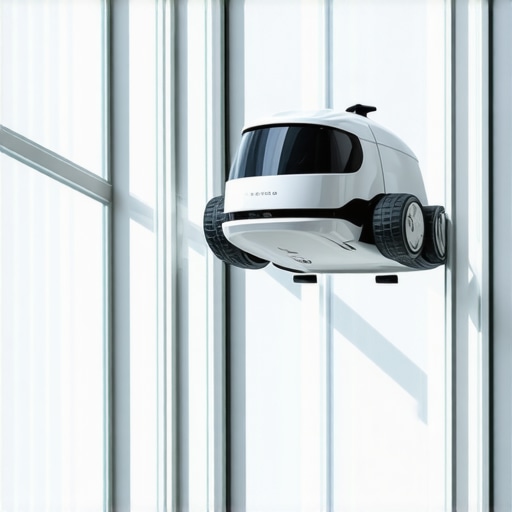 Advanced window cleaning robot in action Modern window cleaning robot cleaning a large glass window in a home.
