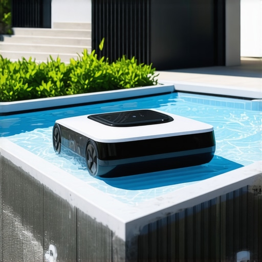 Next-Generation Pool Robot with Water Quality Sensors Advanced pool robot equipped with sensors measuring water parameters in a sleek backyard pool